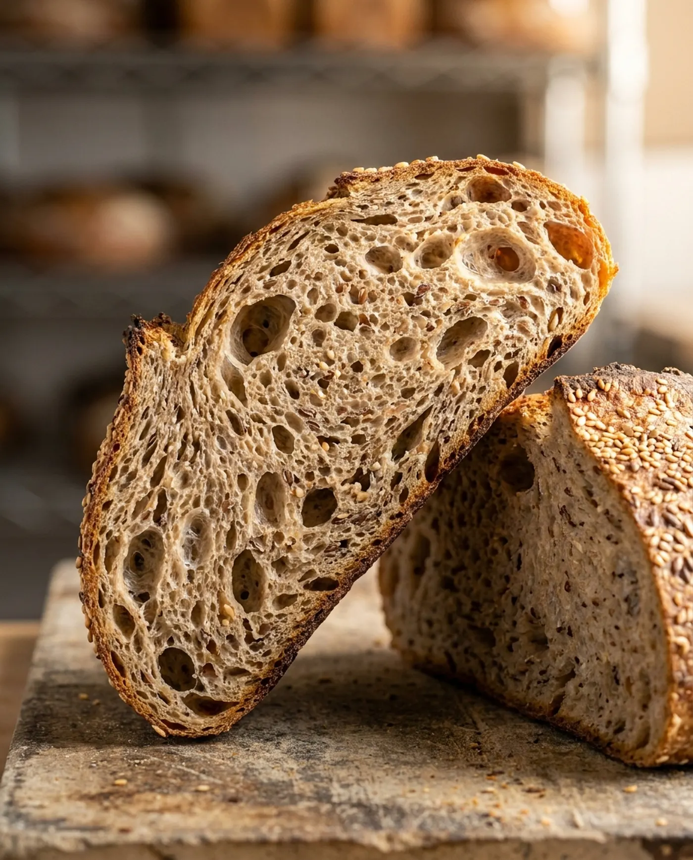 Cross-section of multigrain bread showing open crumb and seeds