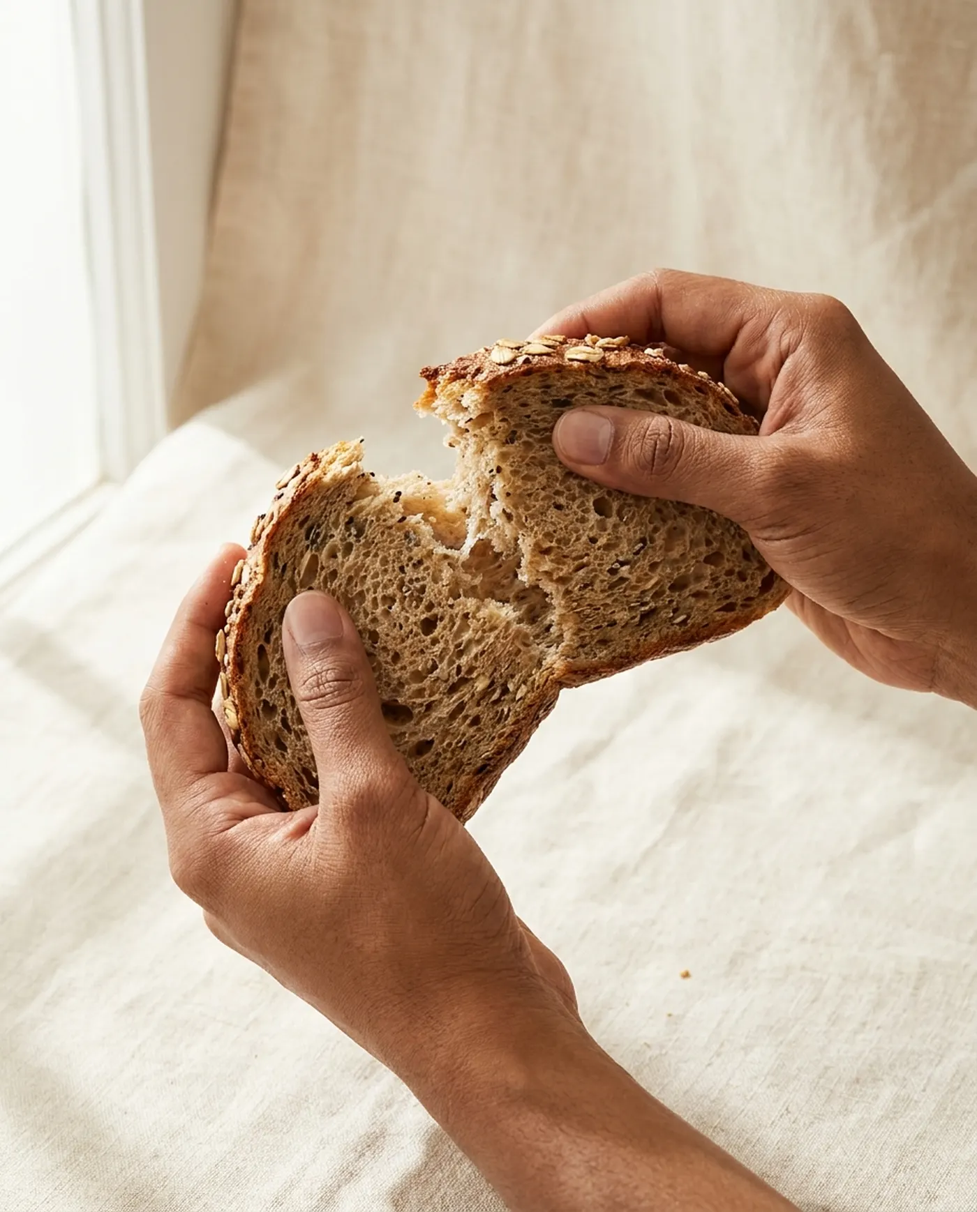 Hands gently tearing a slice of fresh multigrain bread