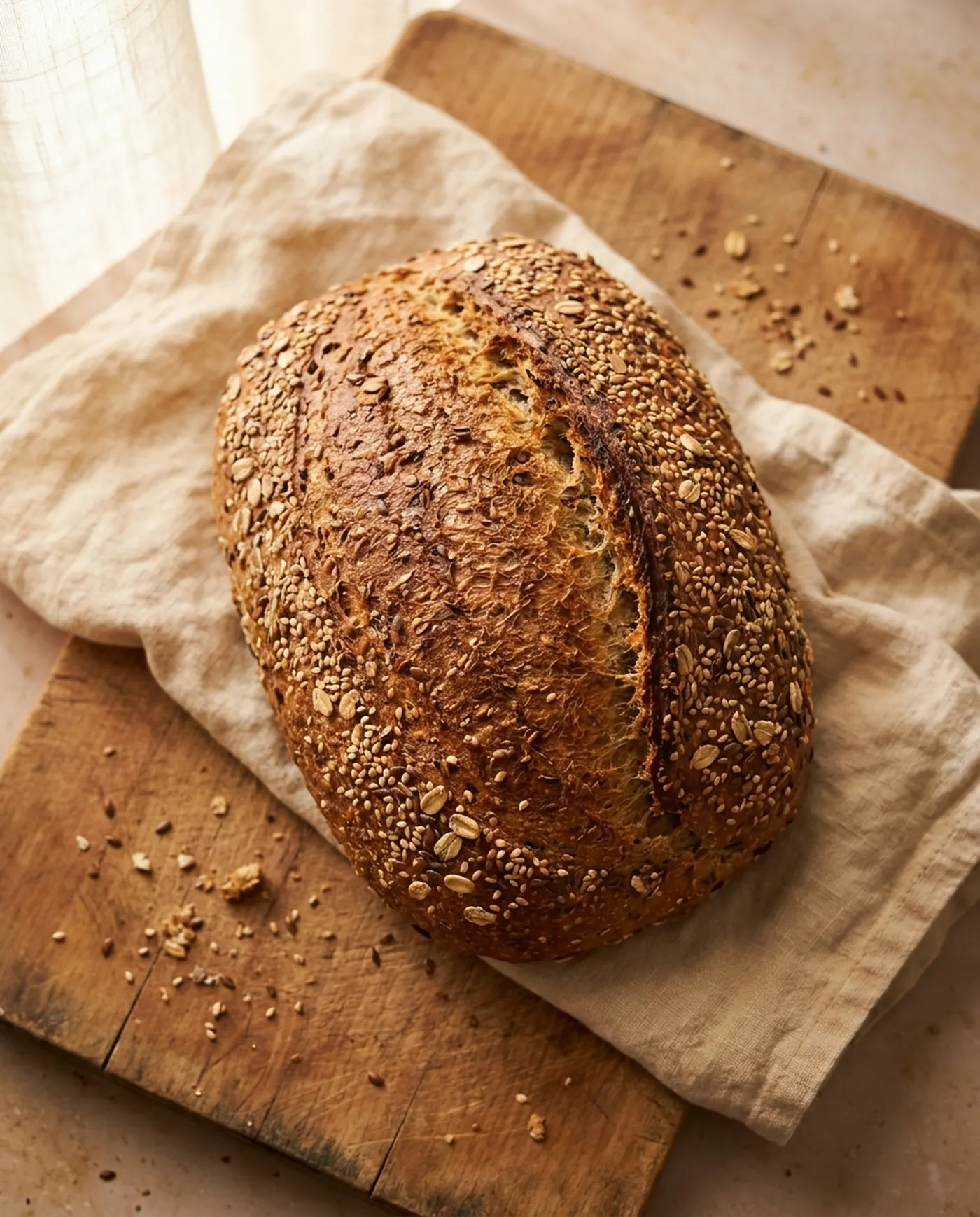 Whole seeded multigrain loaf on linen — top-down editorial shot