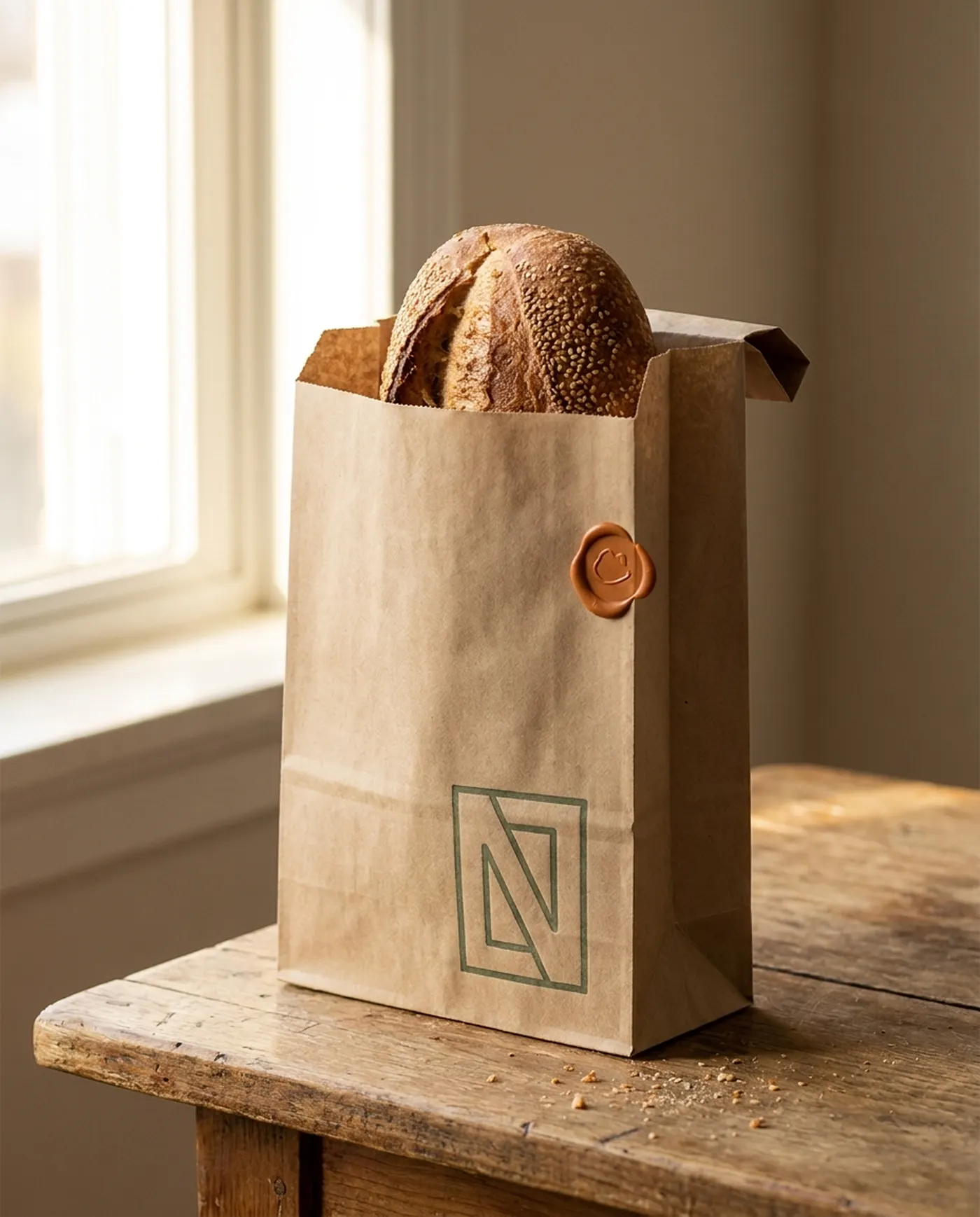 MetaKitchen-style kraft packaging with sage monogram and a seeded multigrain loaf